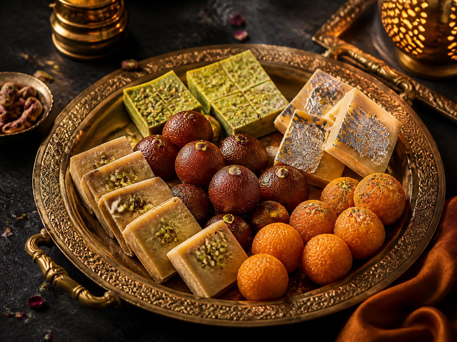 Assorted Pakistani mithai arranged on an ornate brass serving tray